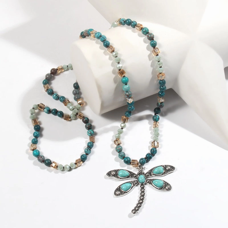 Wholesale Alloy Natural Stone 6mm Glass Antique Silver Dragonfly Pendant Sweater Necklace