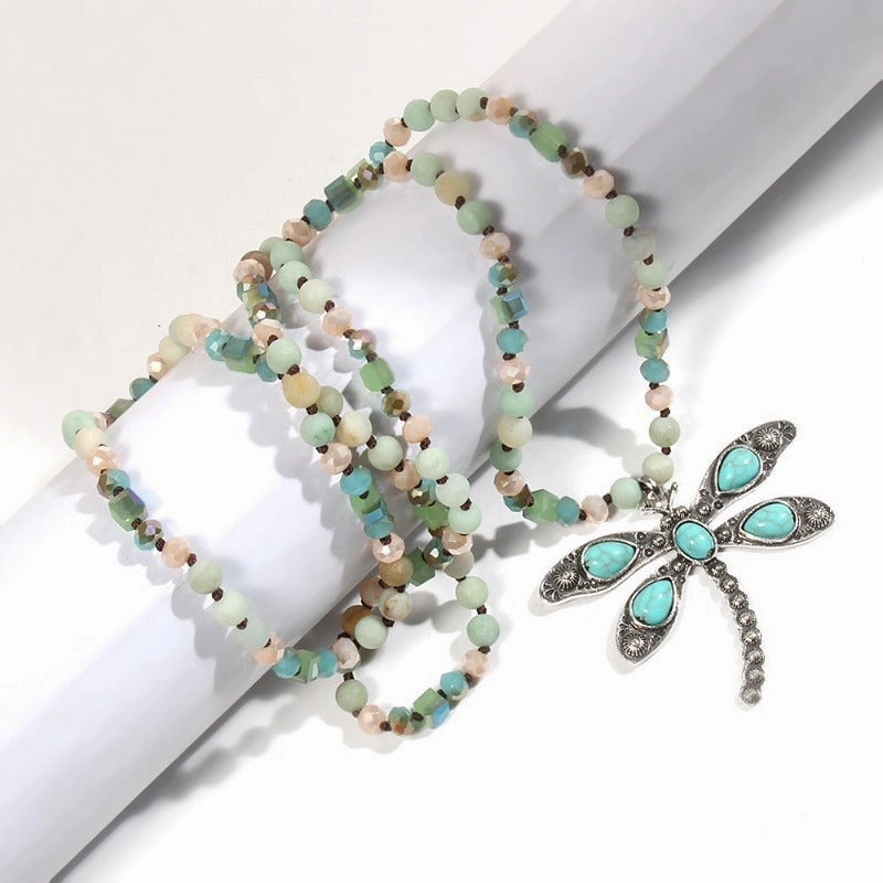 Wholesale Alloy Natural Stone 6mm Glass Antique Silver Dragonfly Pendant Sweater Necklace