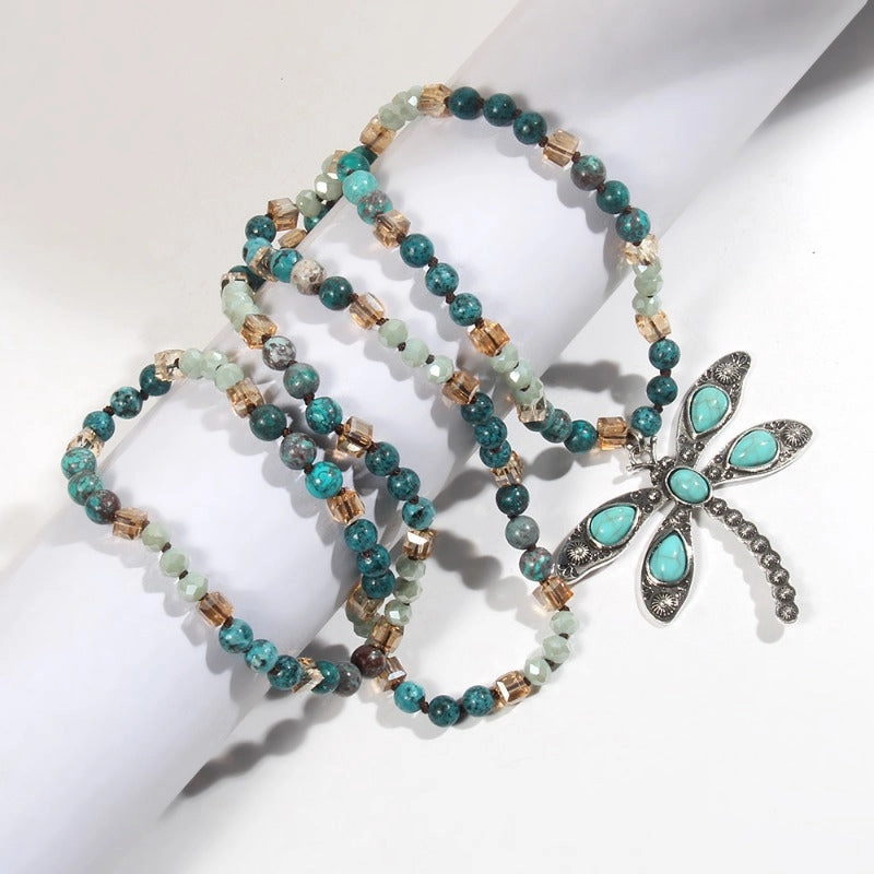 Wholesale Alloy Natural Stone 6mm Glass Antique Silver Dragonfly Pendant Sweater Necklace