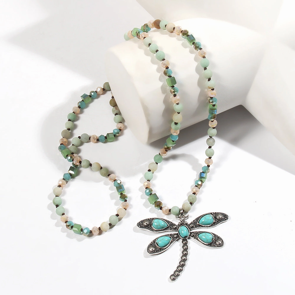Wholesale Alloy Natural Stone 6mm Glass Antique Silver Dragonfly Pendant Sweater Necklace