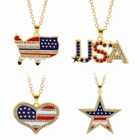 Wholesale American Independence Day Flag Five Pointed Star Diamond Alloy Necklace