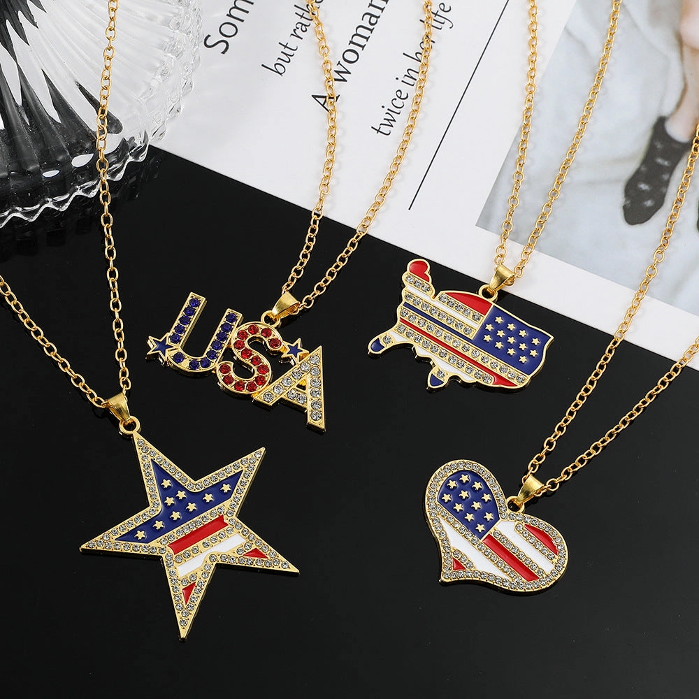 Wholesale American Independence Day Flag Five Pointed Star Diamond Alloy Necklace
