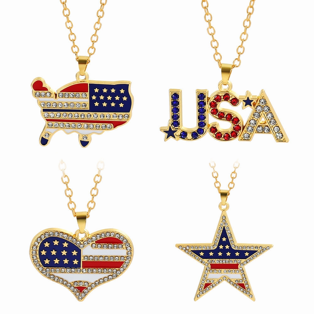 Wholesale American Independence Day Flag Five Pointed Star Diamond Alloy Necklace