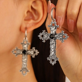 Wholesale Ancient silver flower vine cross gothic retro hip-hop exaggerated earrings