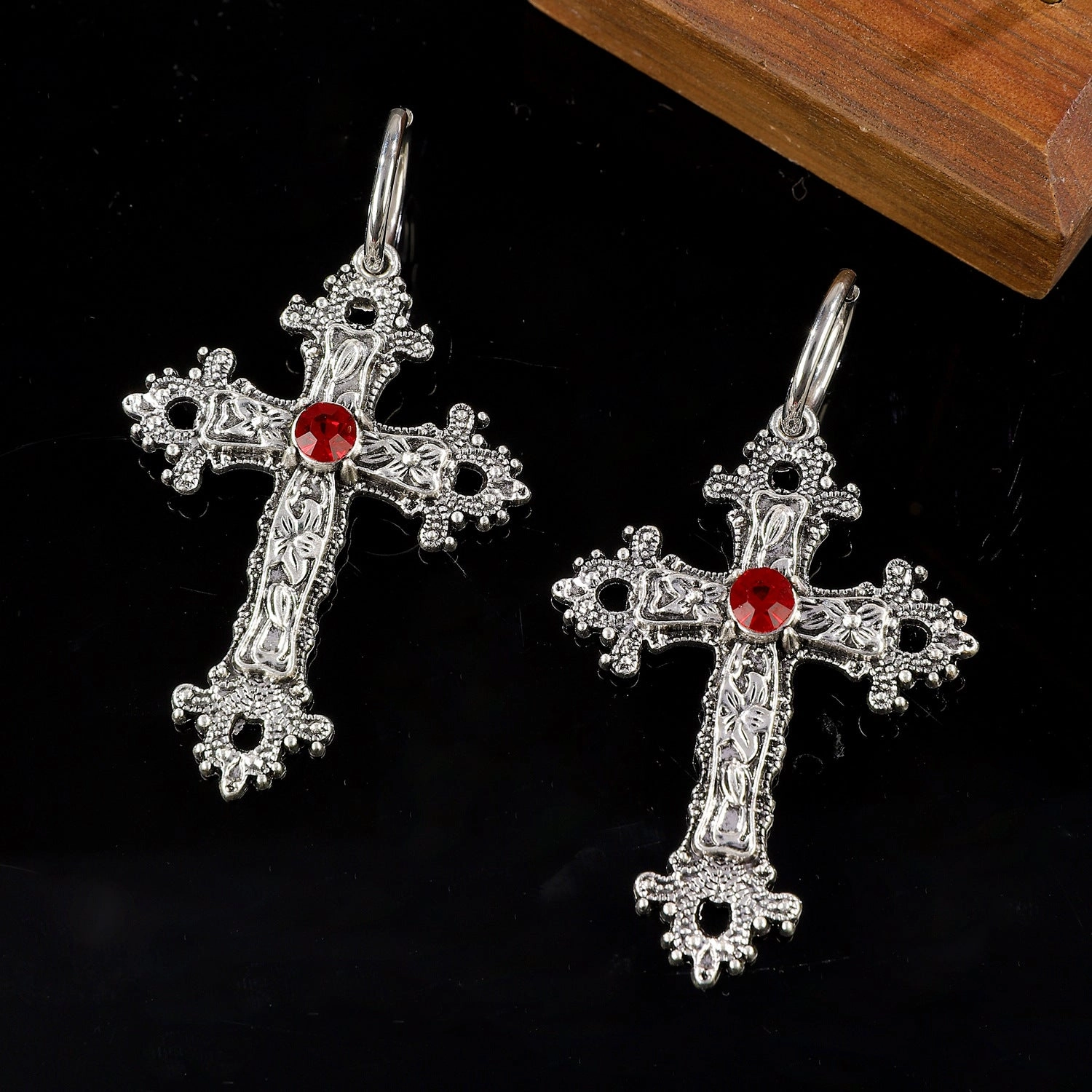 Wholesale Ancient silver flower vine cross gothic retro hip-hop exaggerated earrings