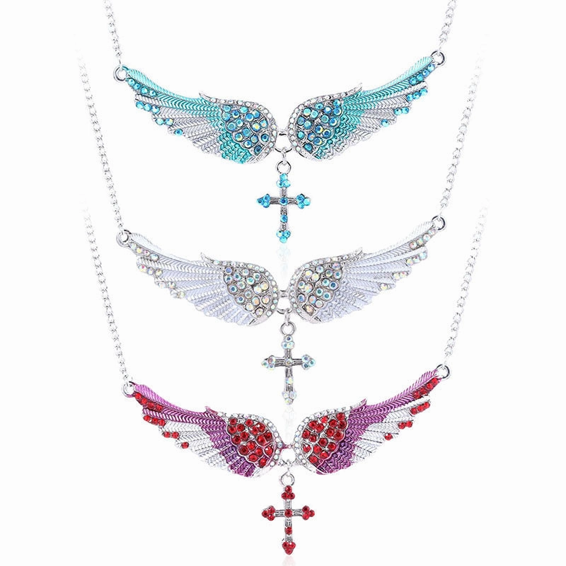 Wholesale Angel Wings Cross Diamond Alloy Necklaces