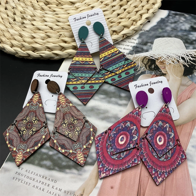 Wholesale Antique Bohemian Printed Wood Earrings