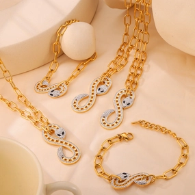 Wholesale Antique Light Luxury Personalized Shaped Chain Jewelry S-shaped Full Diamond Design Sense Snake Pendant Titanium Steel Jewelry Set