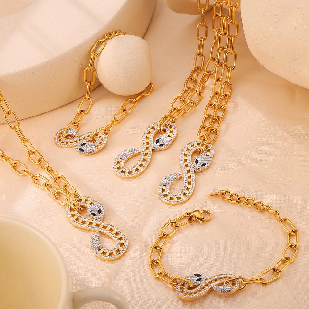 Wholesale Antique Light Luxury Personalized Shaped Chain Jewelry S-shaped Full Diamond Design Sense Snake Pendant Titanium Steel Jewelry Set