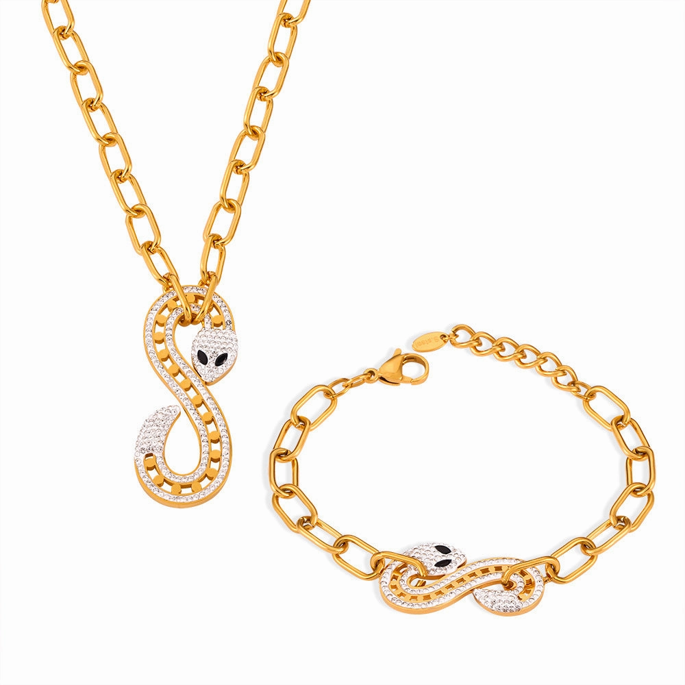 Wholesale Antique Light Luxury Personalized Shaped Chain Jewelry S-shaped Full Diamond Design Sense Snake Pendant Titanium Steel Jewelry Set