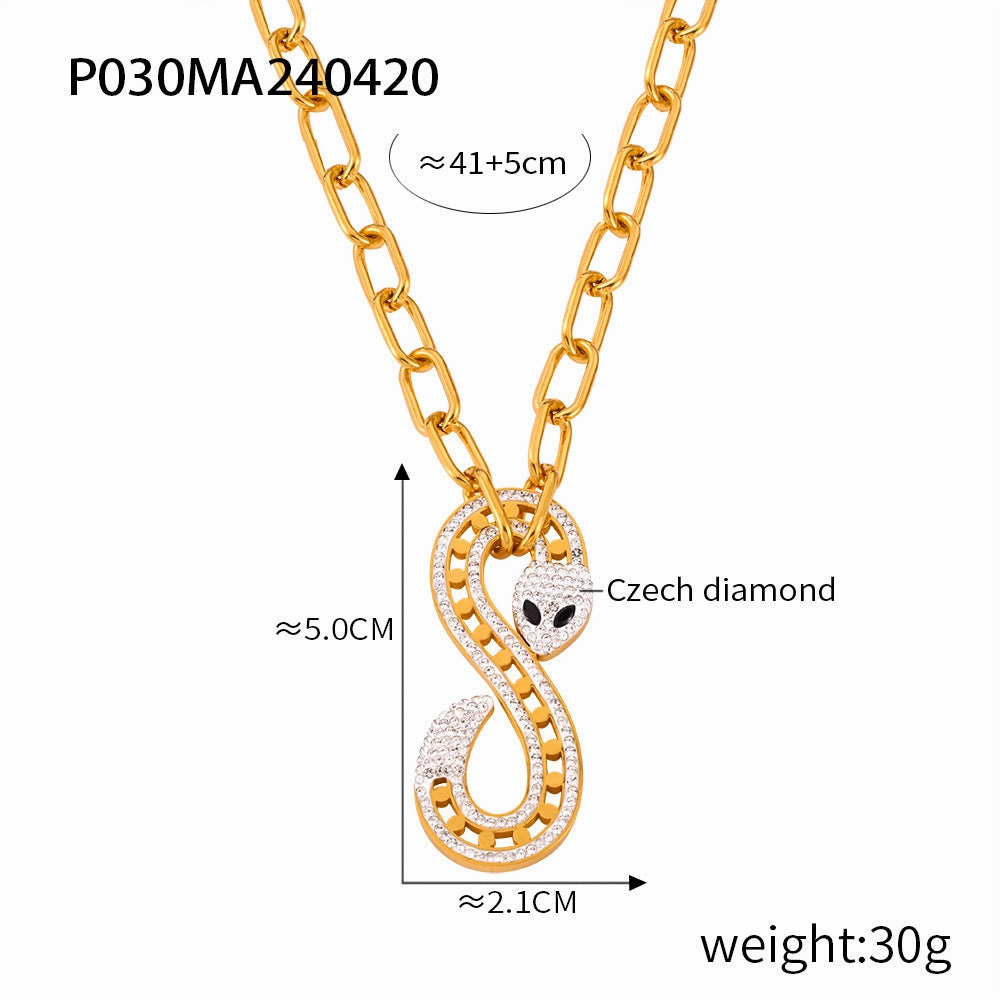 Wholesale Antique Light Luxury Personalized Shaped Chain Jewelry S-shaped Full Diamond Design Sense Snake Pendant Titanium Steel Jewelry Set