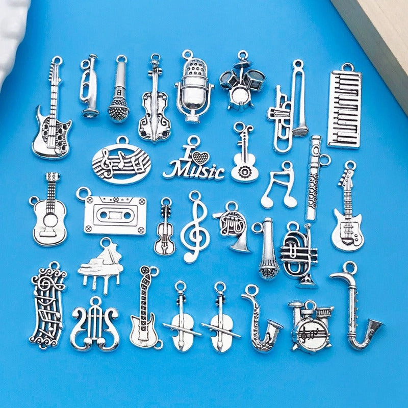 Wholesale Antique Silver Violin Guitar Saxophone Instrument Notes Creative DIY Necklace Bracelet Pendant