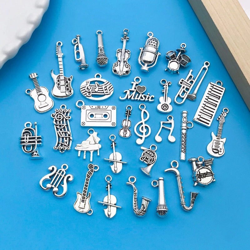 Wholesale Antique Silver Violin Guitar Saxophone Instrument Notes Creative DIY Necklace Bracelet Pendant