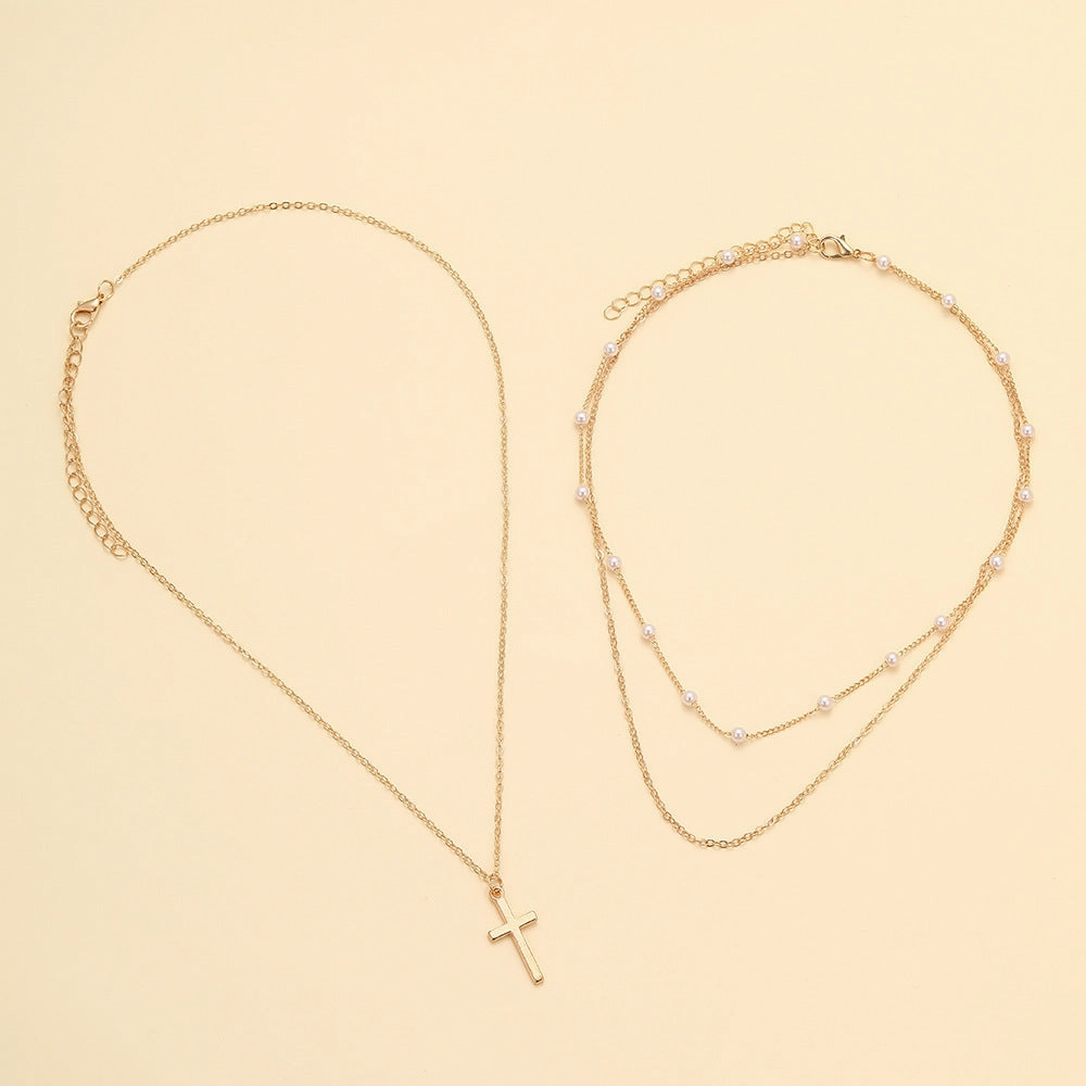 Wholesale Artificial pearl clavicle chain creative cross pendant necklace retro multi-layered necklace