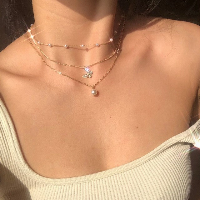 Wholesale Artificial pearl clavicle chain creative cross pendant necklace retro multi-layered necklace