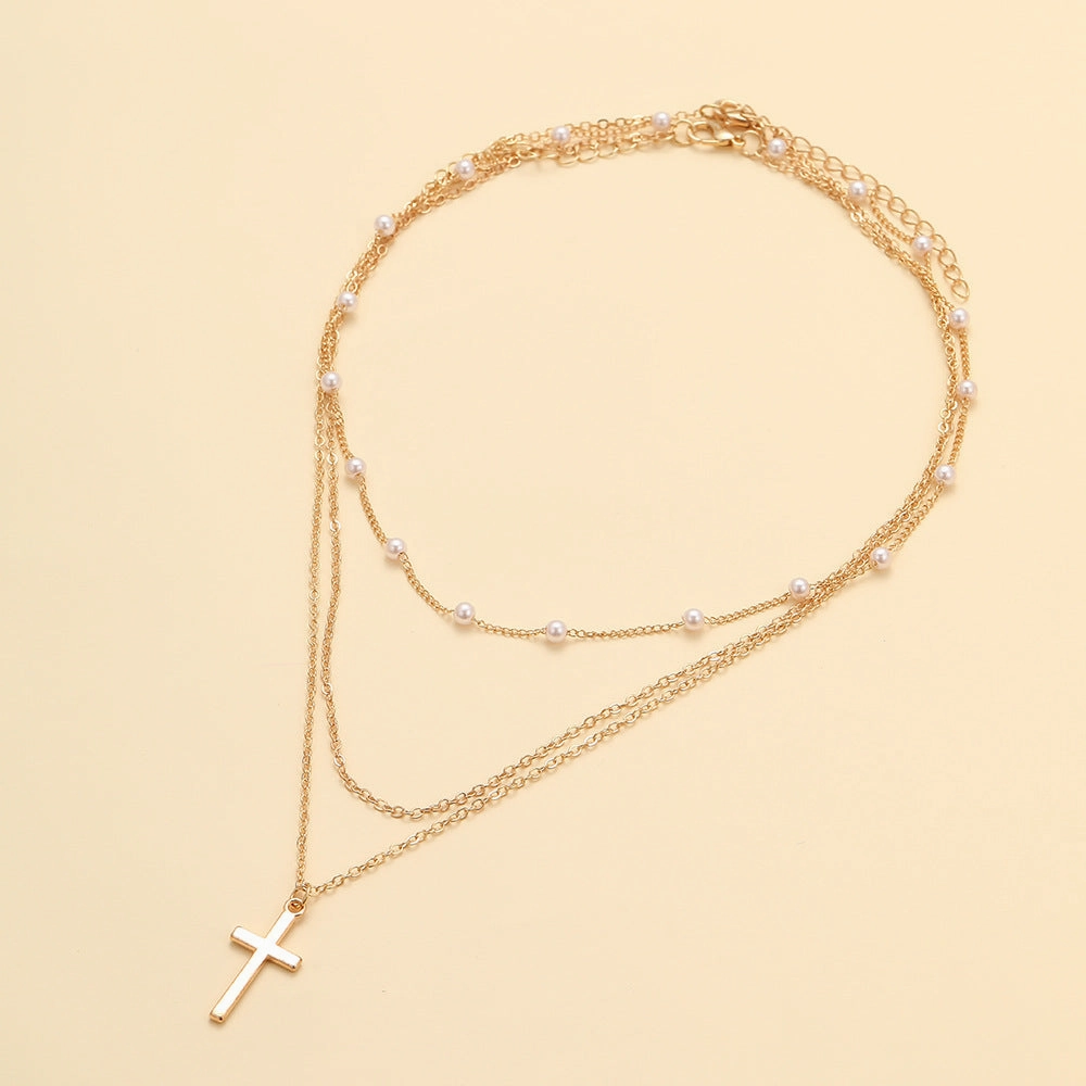 Wholesale Artificial pearl clavicle chain creative cross pendant necklace retro multi-layered necklace