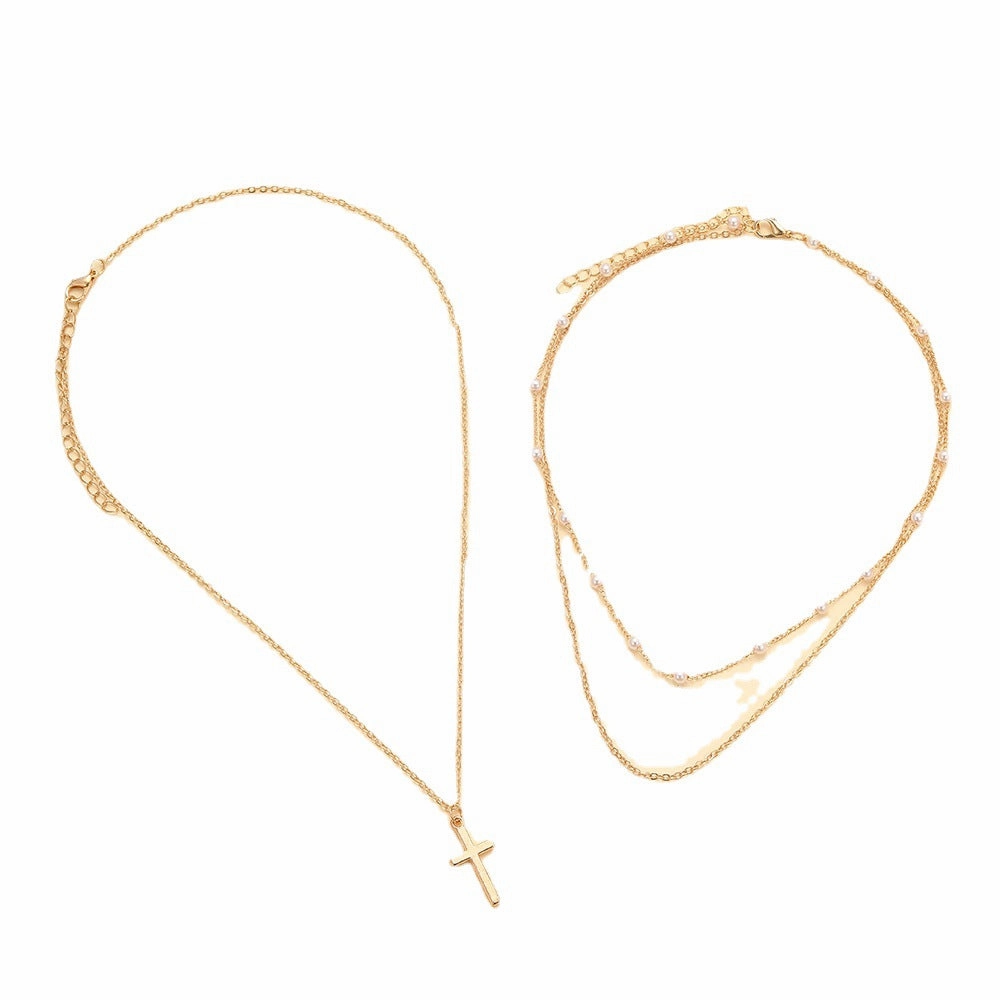 Wholesale Artificial pearl clavicle chain creative cross pendant necklace retro multi-layered necklace
