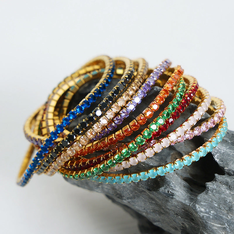 Wholesale Baroque Faceted Colorful Zircon Stretch Titanium Steel Gold Plated Bracelet
