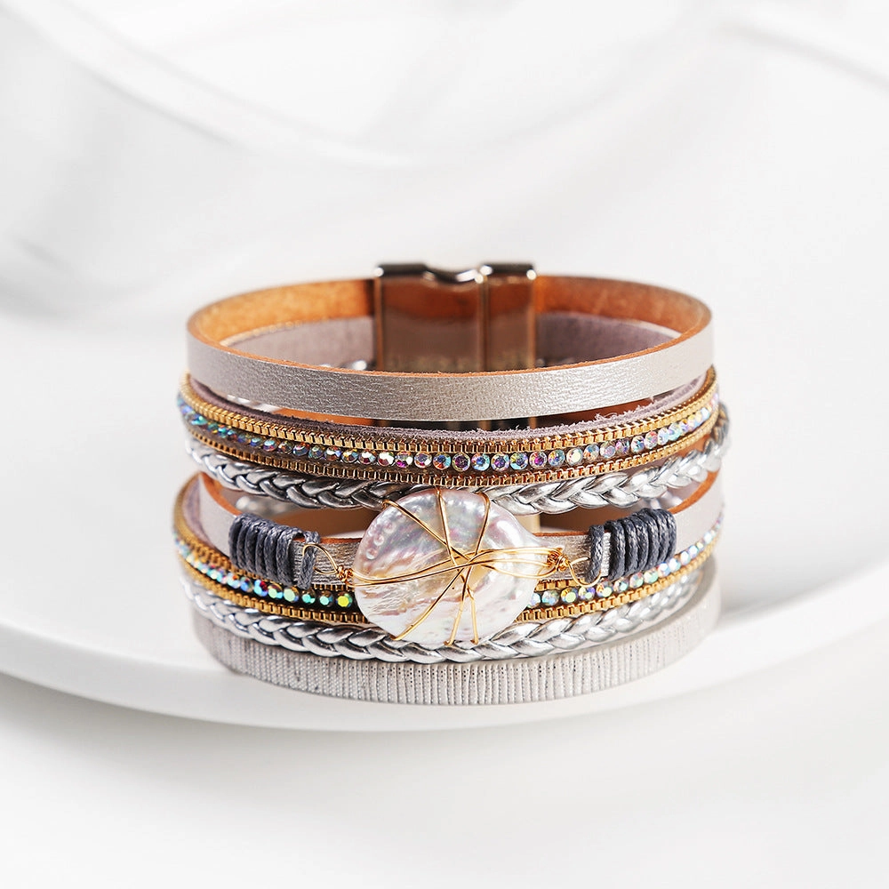 Wholesale Baroque Freshwater Pearl Braided Multi-Layered Leather Bracelet