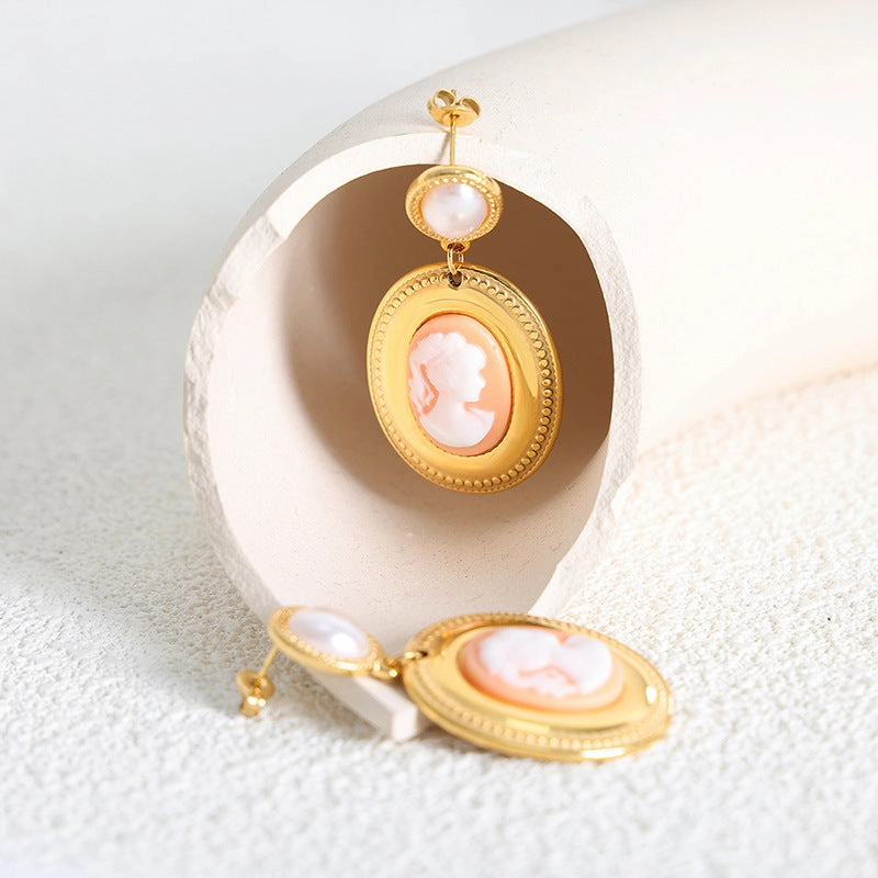 Wholesale Baroque Pearl Oval Portrait Gold Plated Earrings