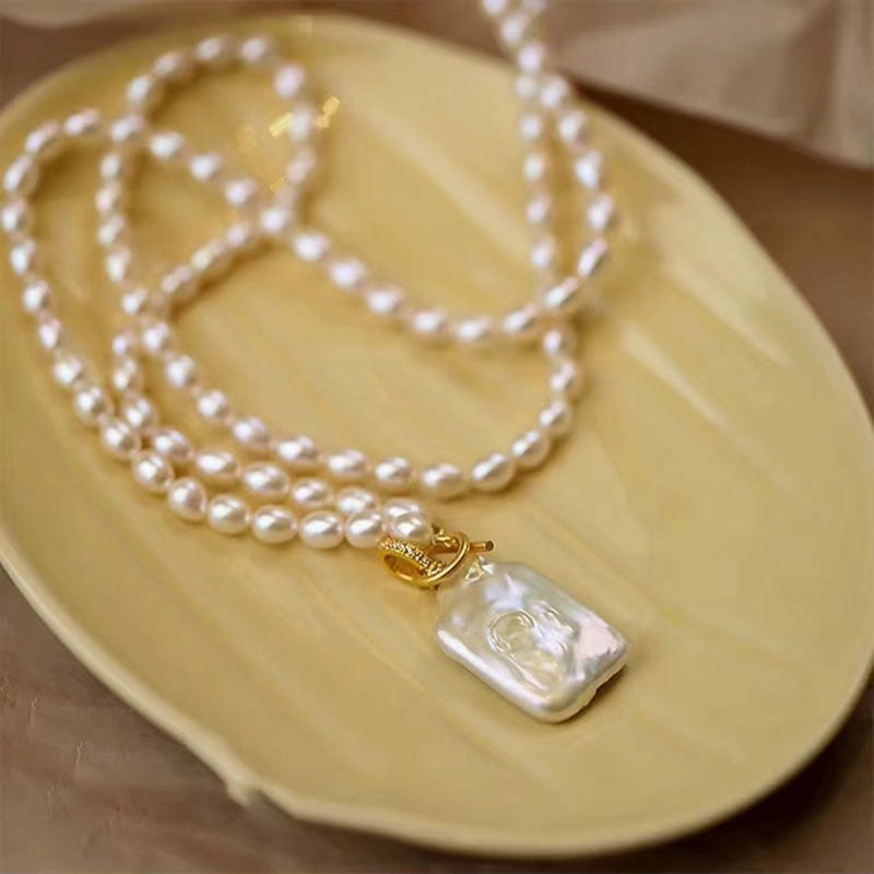 Wholesale Baroque Rice Pearl Necklace Square Pendant Stacked Long Woolen Chain