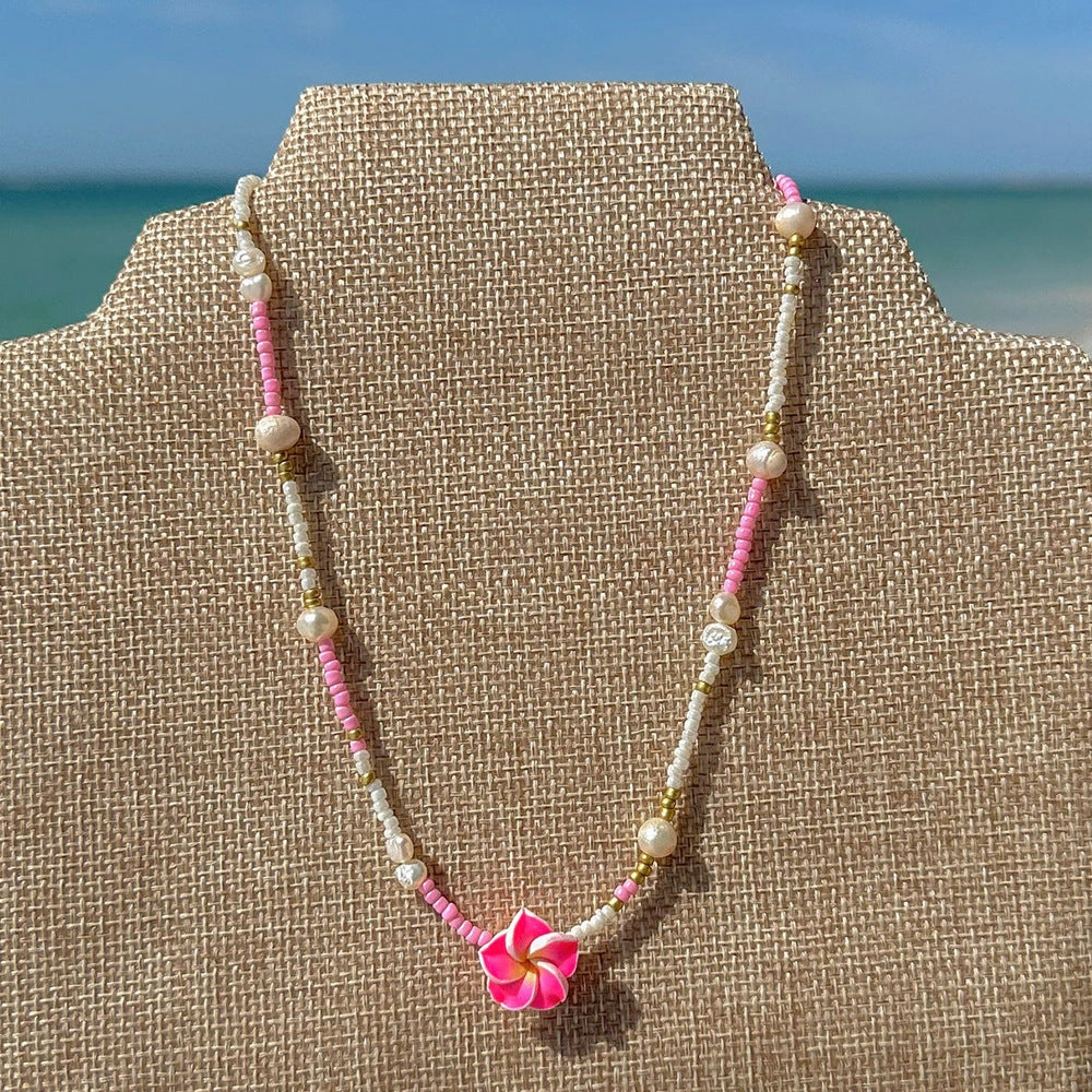 Wholesale Beach Bohemian Holiday Style Plumeria Flower Rice Bead Necklace