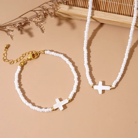 Wholesale Beach Holiday Style Fashion Copper Beads Shell Cross White Rice Beads Women's Bracelet Necklace Set