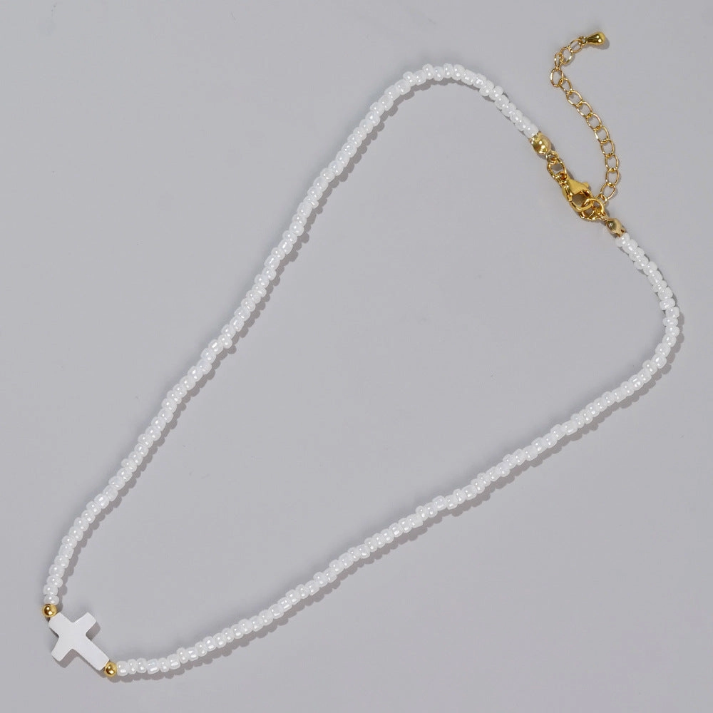 Wholesale Beach Holiday Style Fashion Copper Beads Shell Cross White Rice Beads Women's Bracelet Necklace Set
