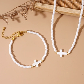 Wholesale Beach Holiday Style Fashion Copper Beads Shell Cross White Rice Beads Women's Bracelet Necklace Set