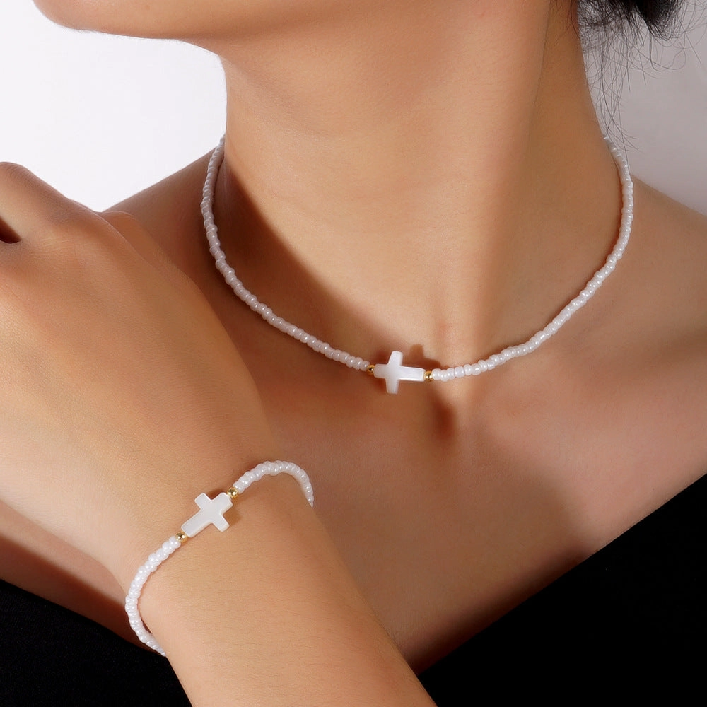 Wholesale Beach Holiday Style Fashion Copper Beads Shell Cross White Rice Beads Women's Bracelet Necklace Set