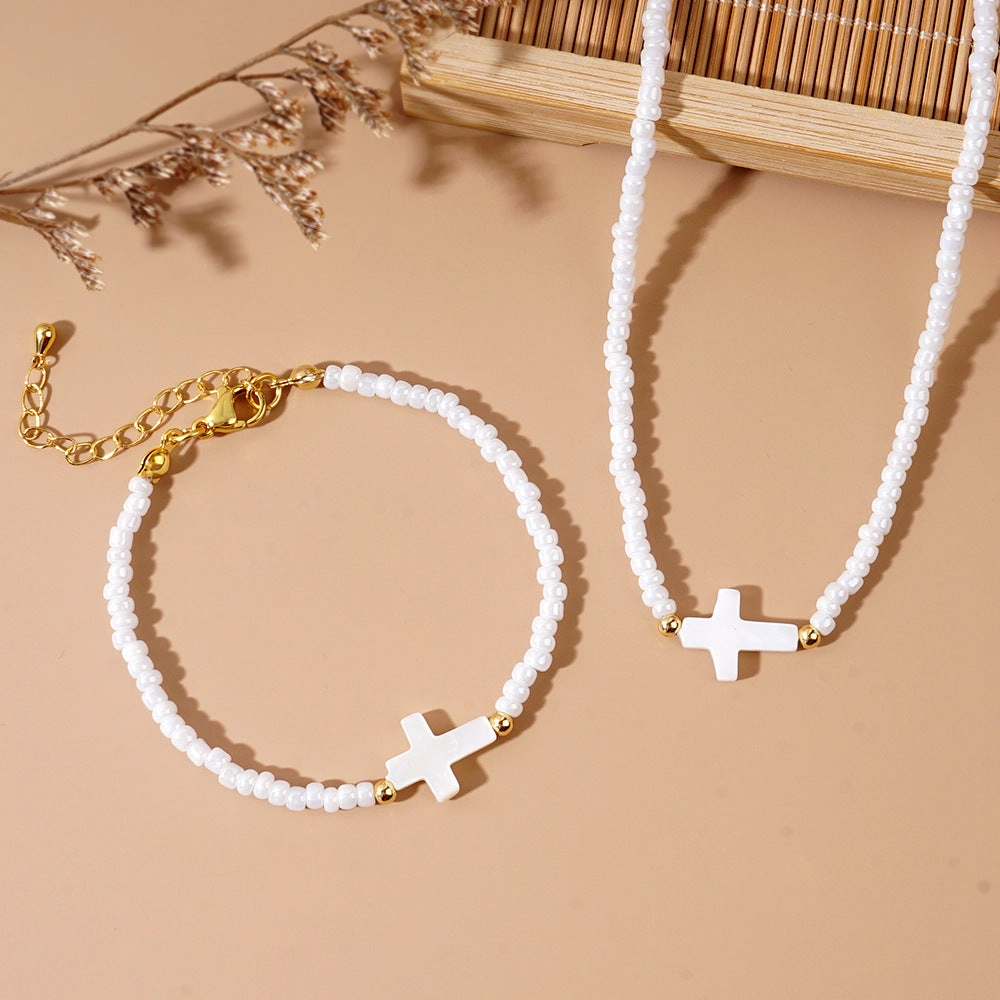 Wholesale Beach Holiday Style Fashion Copper Beads Shell Cross White Rice Beads Women's Bracelet Necklace Set