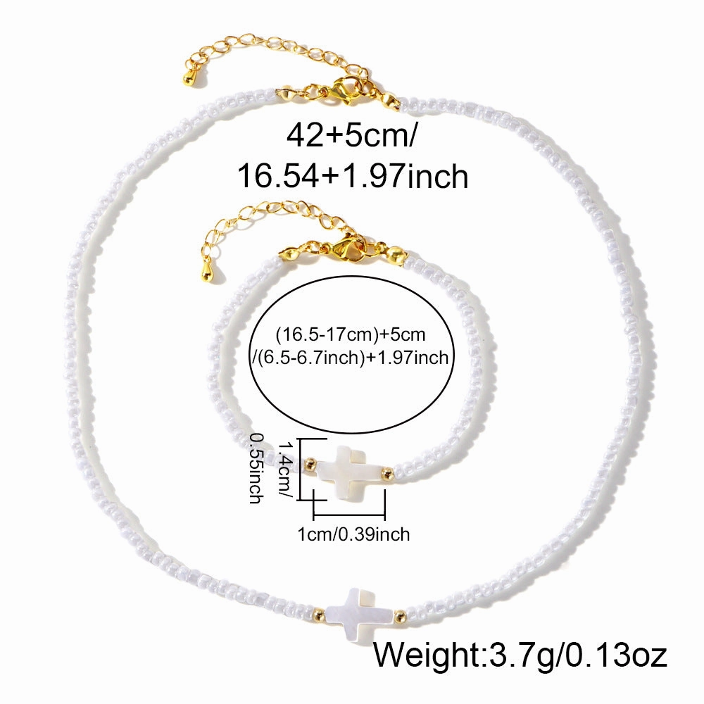 Wholesale Beach Holiday Style Fashion Copper Beads Shell Cross White Rice Beads Women's Bracelet Necklace Set