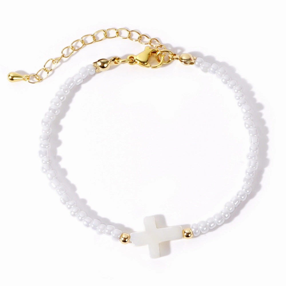 Wholesale Beach Holiday Style Fashion Copper Beads Shell Cross White Rice Beads Women's Bracelet Necklace Set