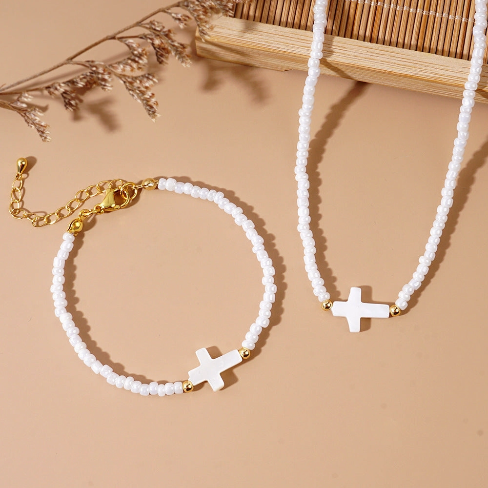 Wholesale Beach Holiday Style Fashion Copper Beads Shell Cross White Rice Beads Women's Bracelet Necklace Set