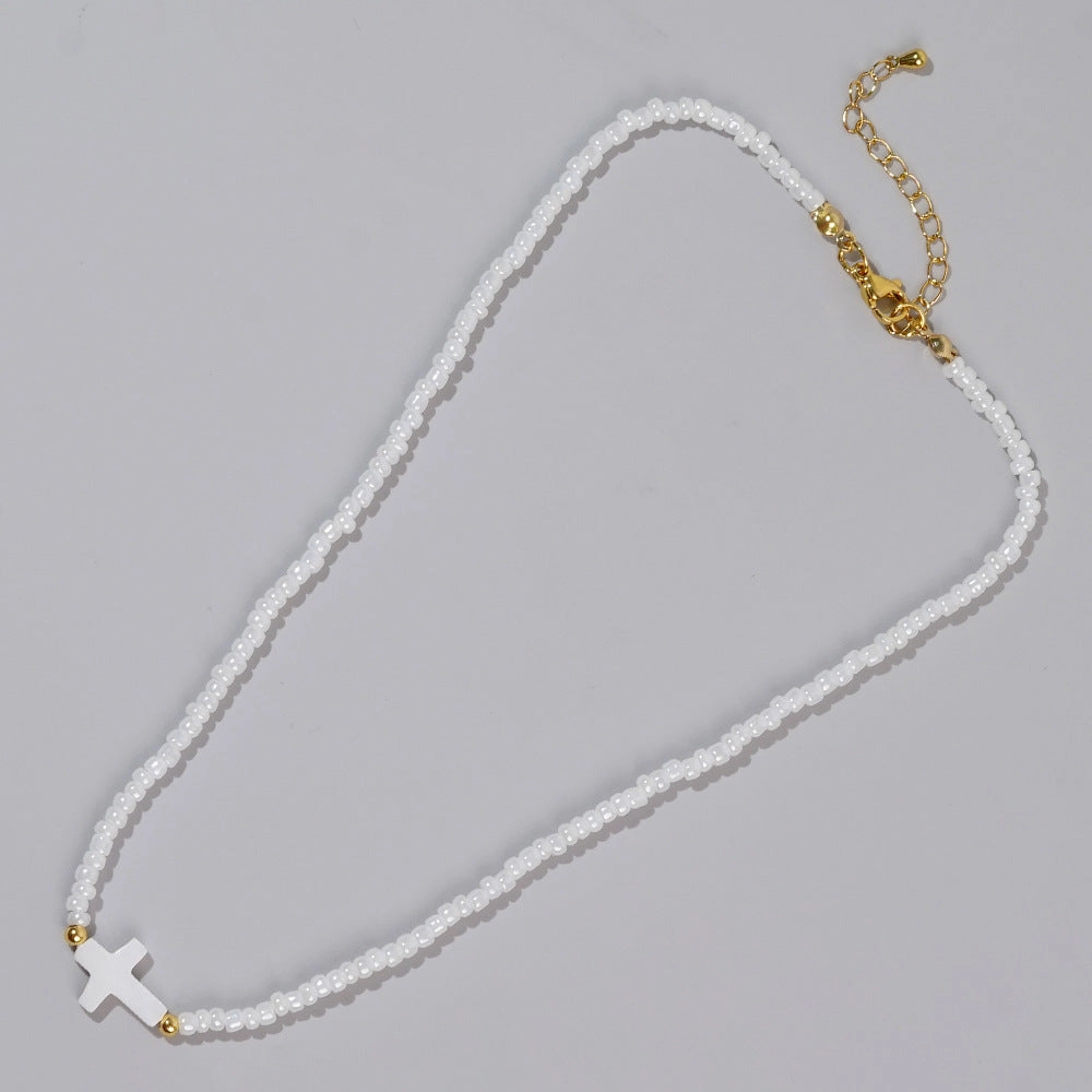 Wholesale Beach Holiday Style Fashion Copper Beads Shell Cross White Rice Beads Women's Bracelet Necklace Set