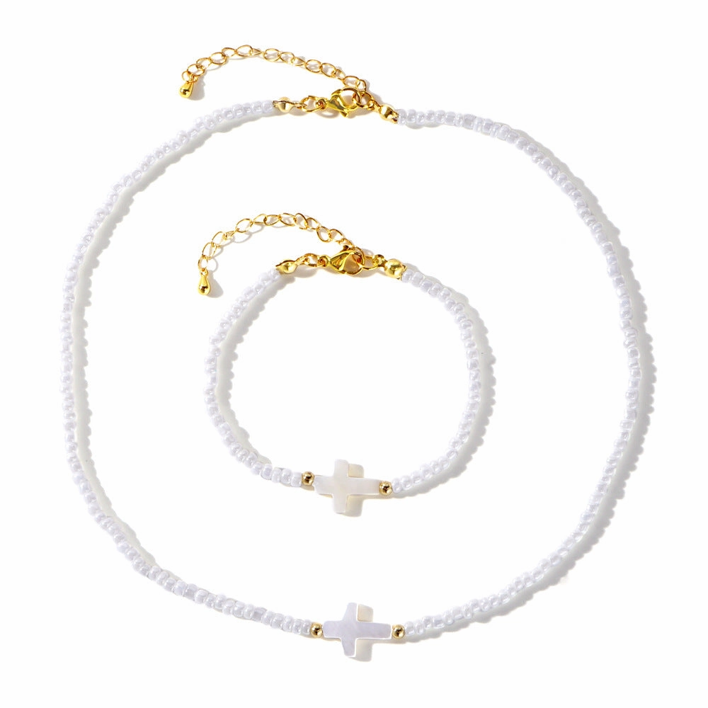 Wholesale Beach Holiday Style Fashion Copper Beads Shell Cross White Rice Beads Women's Bracelet Necklace Set