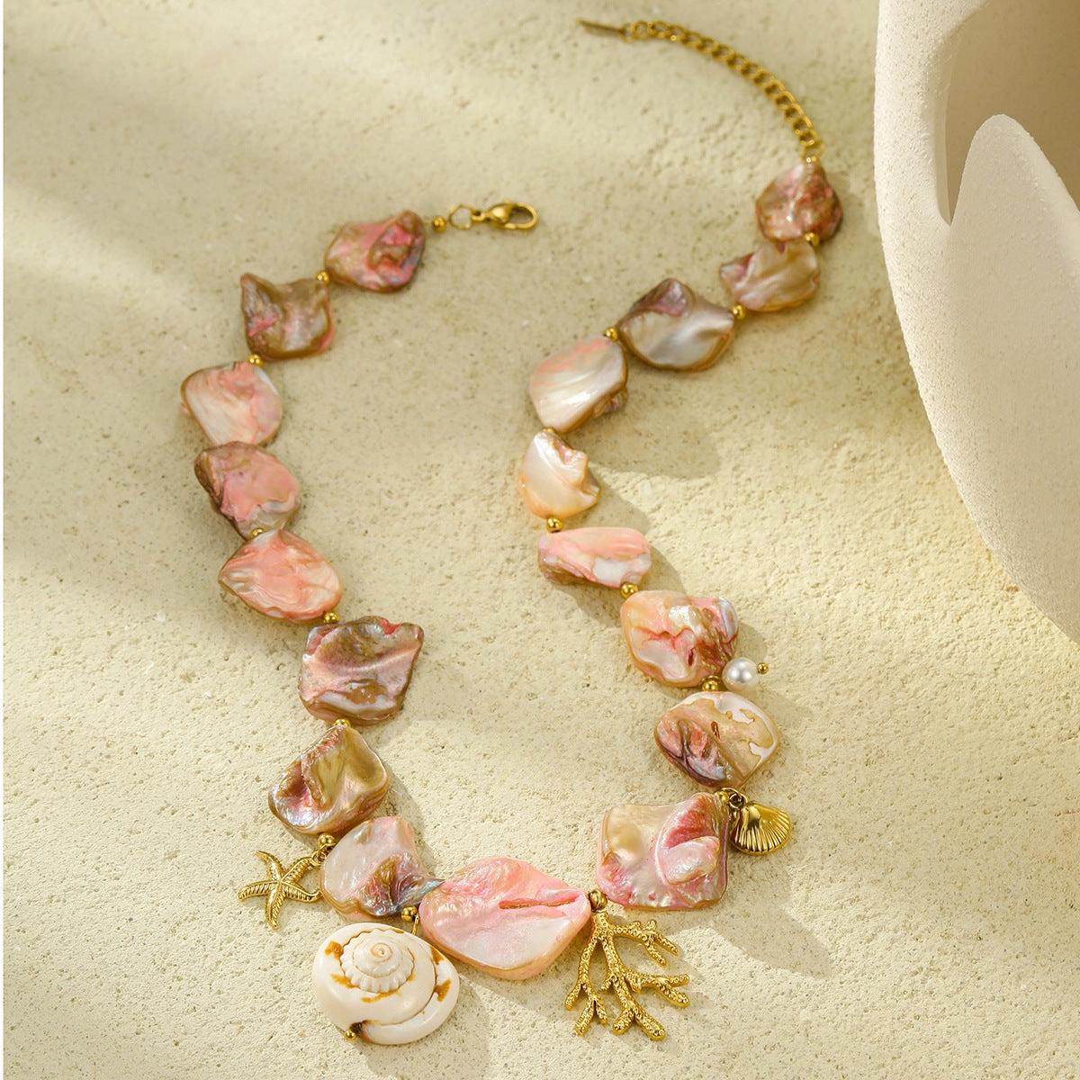 Wholesale Beach Style Stainless Steel Pink Shell Coral Ocean Clavicle Necklace