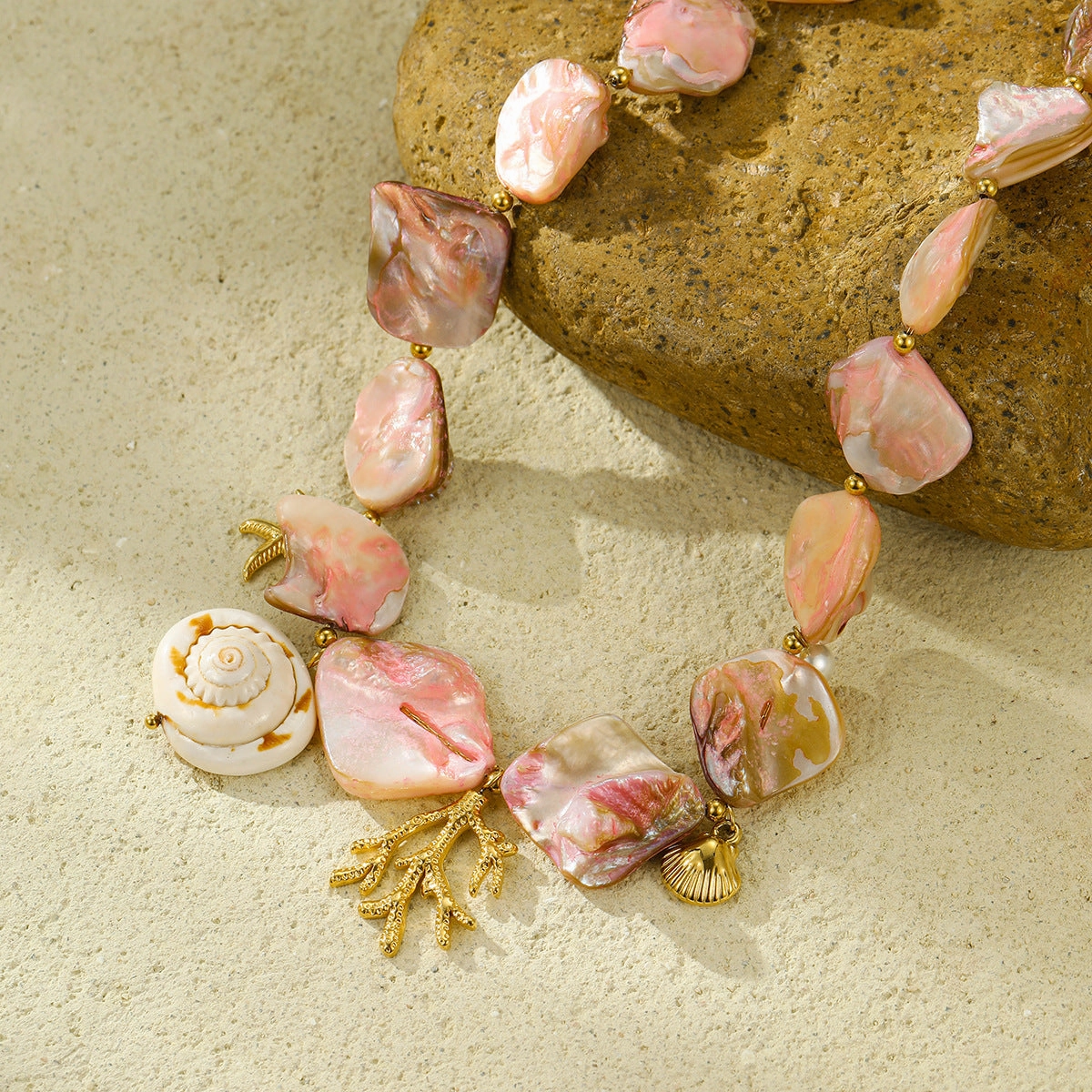 Wholesale Beach Style Stainless Steel Pink Shell Coral Ocean Clavicle Necklace