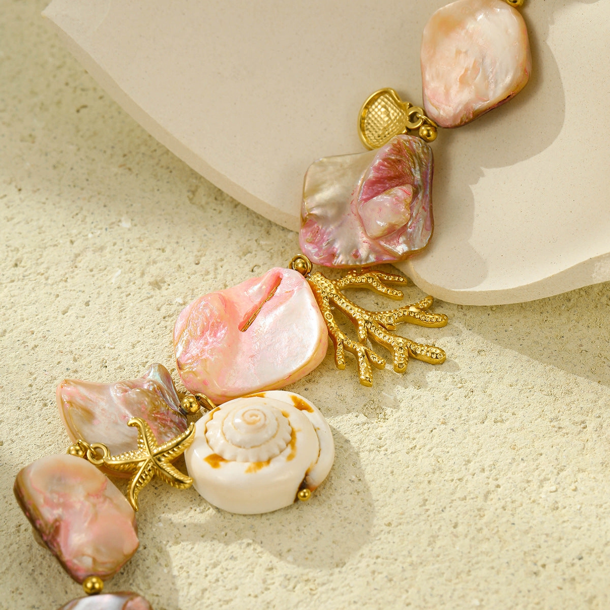 Wholesale Beach Style Stainless Steel Pink Shell Coral Ocean Clavicle Necklace