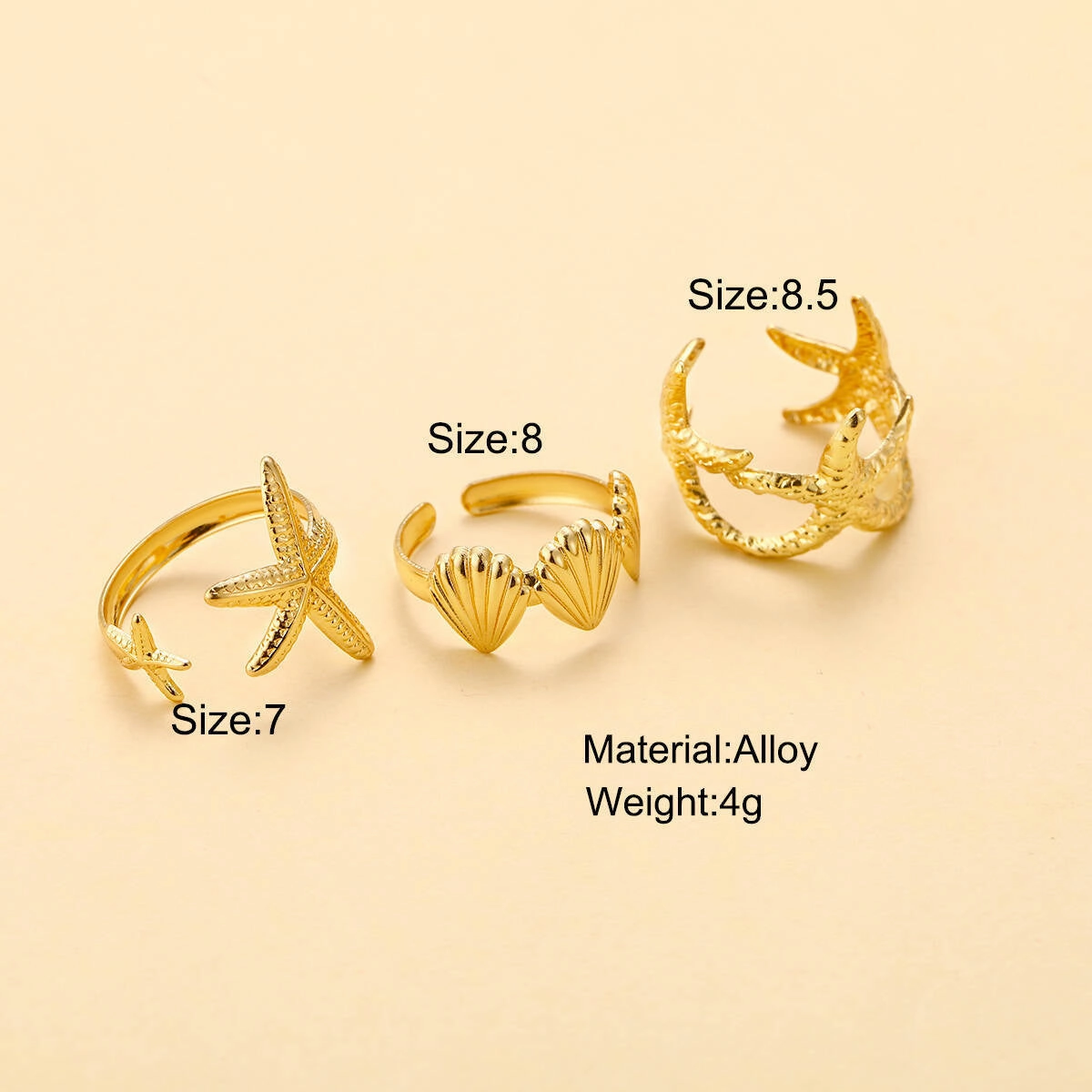 Wholesale Beach Style Starfish Shell Open Ring 3-Piece Set