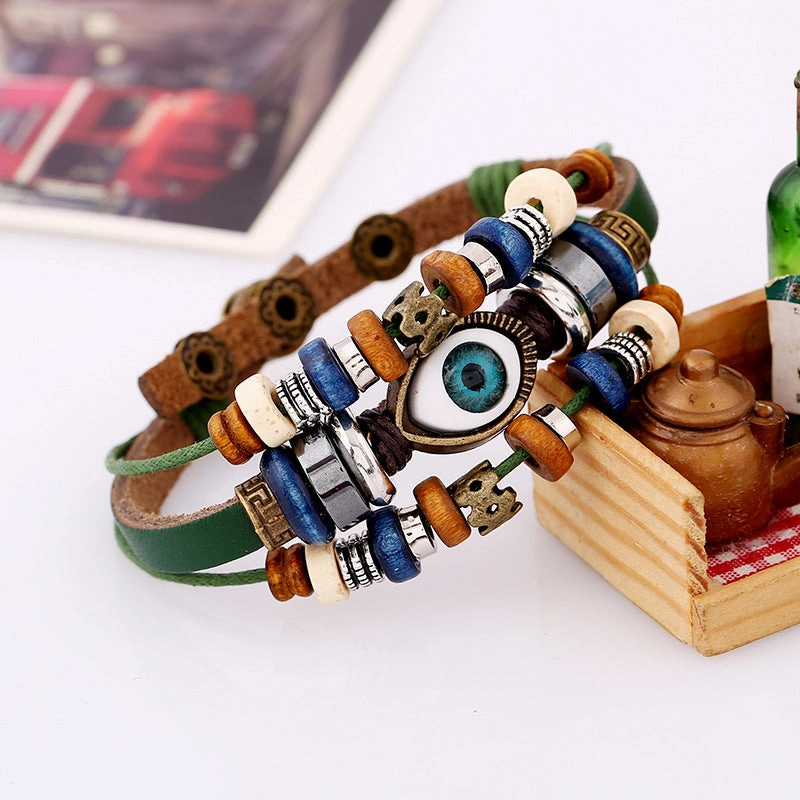 Wholesale Beaded Devil's Eye Cowhide Bracelet