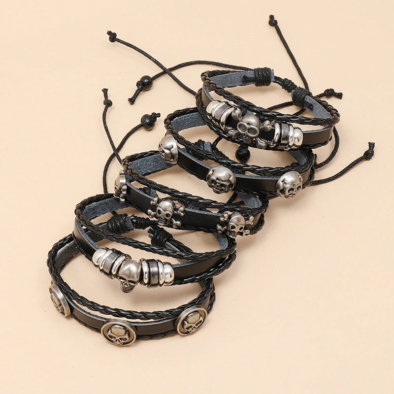 Wholesale Beaded Skull Halloween Leather Bracelet