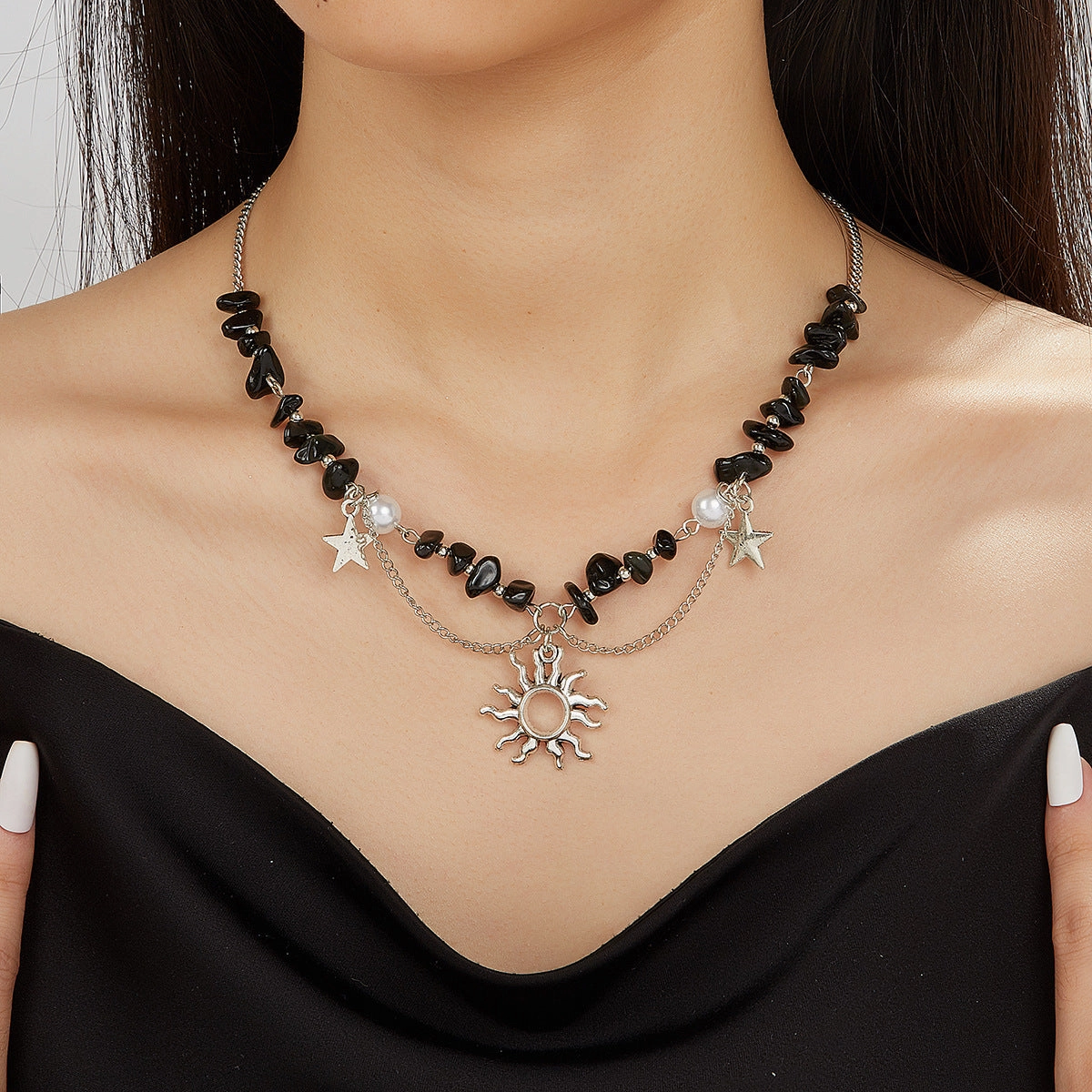 Wholesale Beaded Tassel Sun Star Necklace Colorful Irregular Gravel Collarbone Necklace
