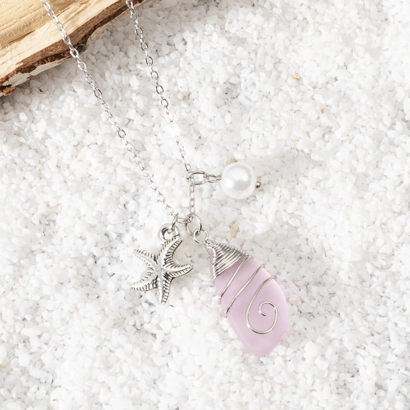 Wholesale Beautiful Colored Sea Glass Pendant Sweater Necklace