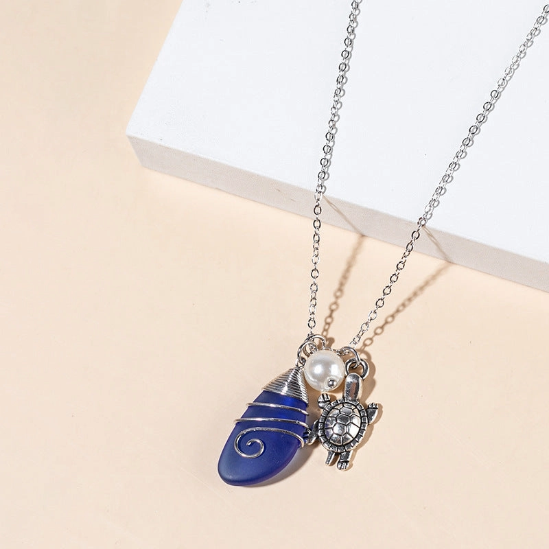 Wholesale Beautiful Colored Sea Glass Pendant Sweater Necklace