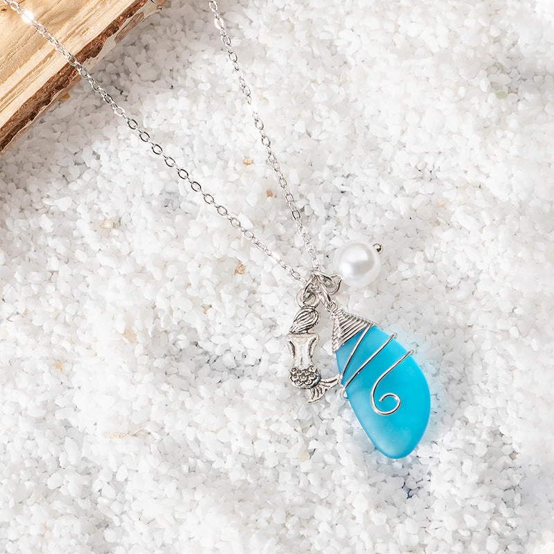 Wholesale Beautiful Colored Sea Glass Pendant Sweater Necklace