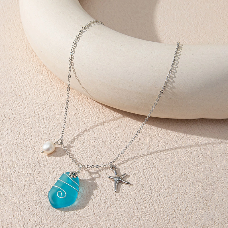 Wholesale Beautiful Colored Sea Glass Pendant Sweater Necklace