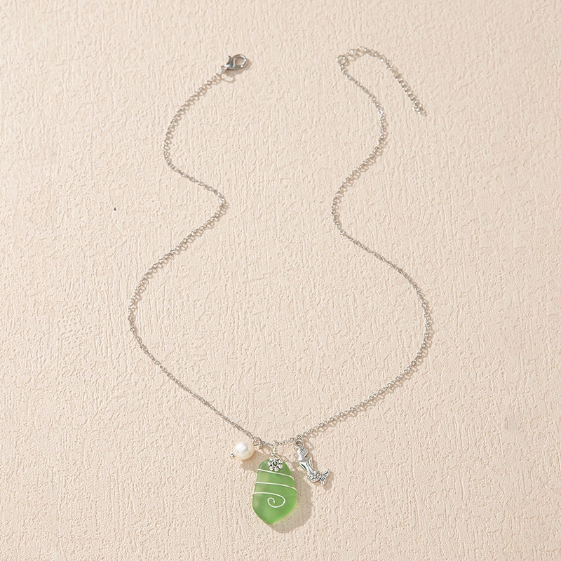 Wholesale Beautiful Colored Sea Glass Pendant Sweater Necklace