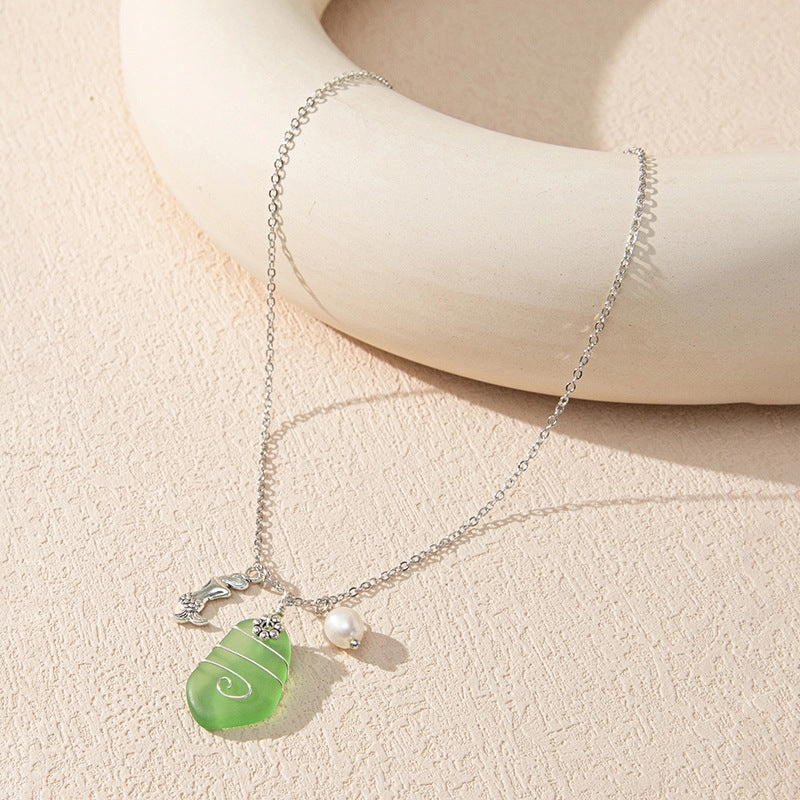 Wholesale Beautiful Colored Sea Glass Pendant Sweater Necklace