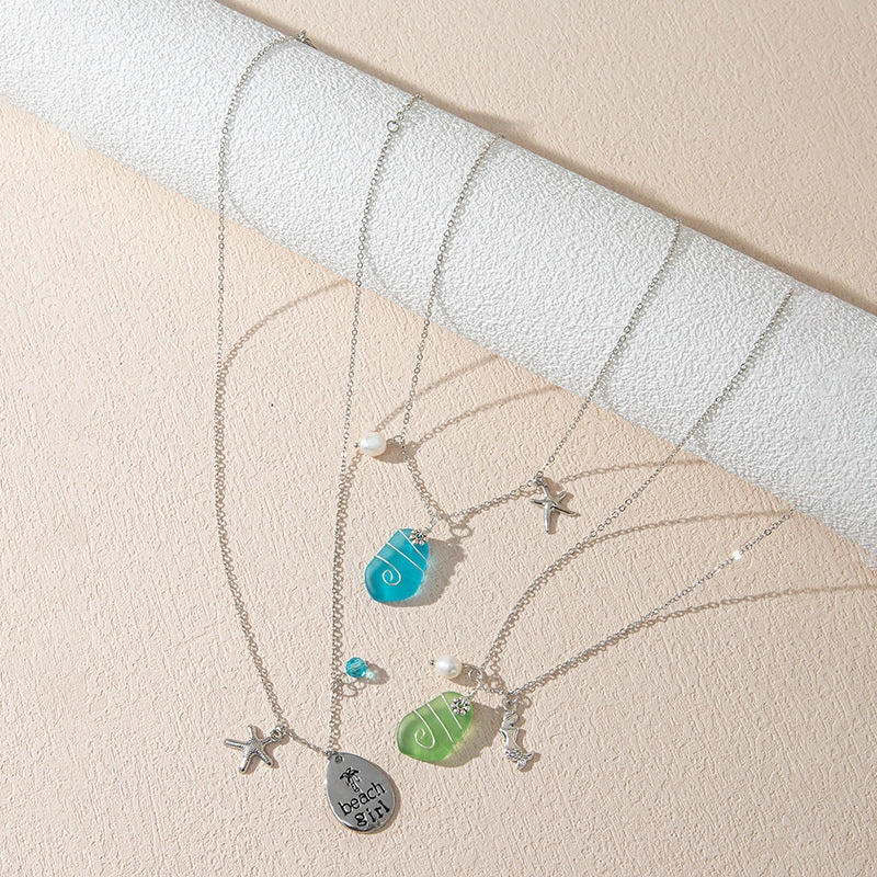 Wholesale Beautiful Colored Sea Glass Pendant Sweater Necklace